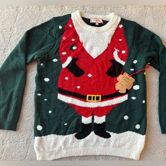 NWT Poof New York ugly Christmas sweater Santa face with 3d pompom holiday sz M - Picture 1 of 9